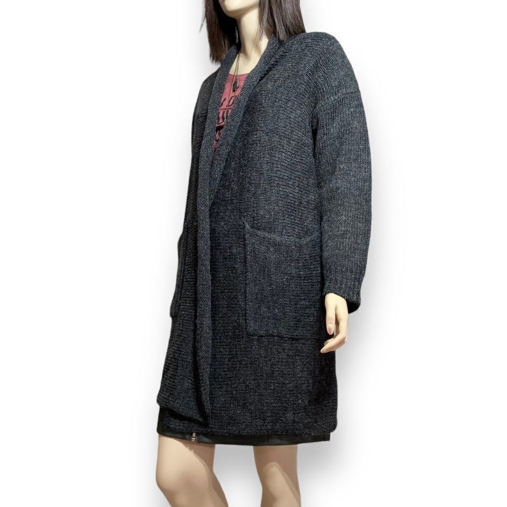 Dark Gray Draped Collar Open Front Pockets Heavy Wool Long Sweater Cardigan NEW